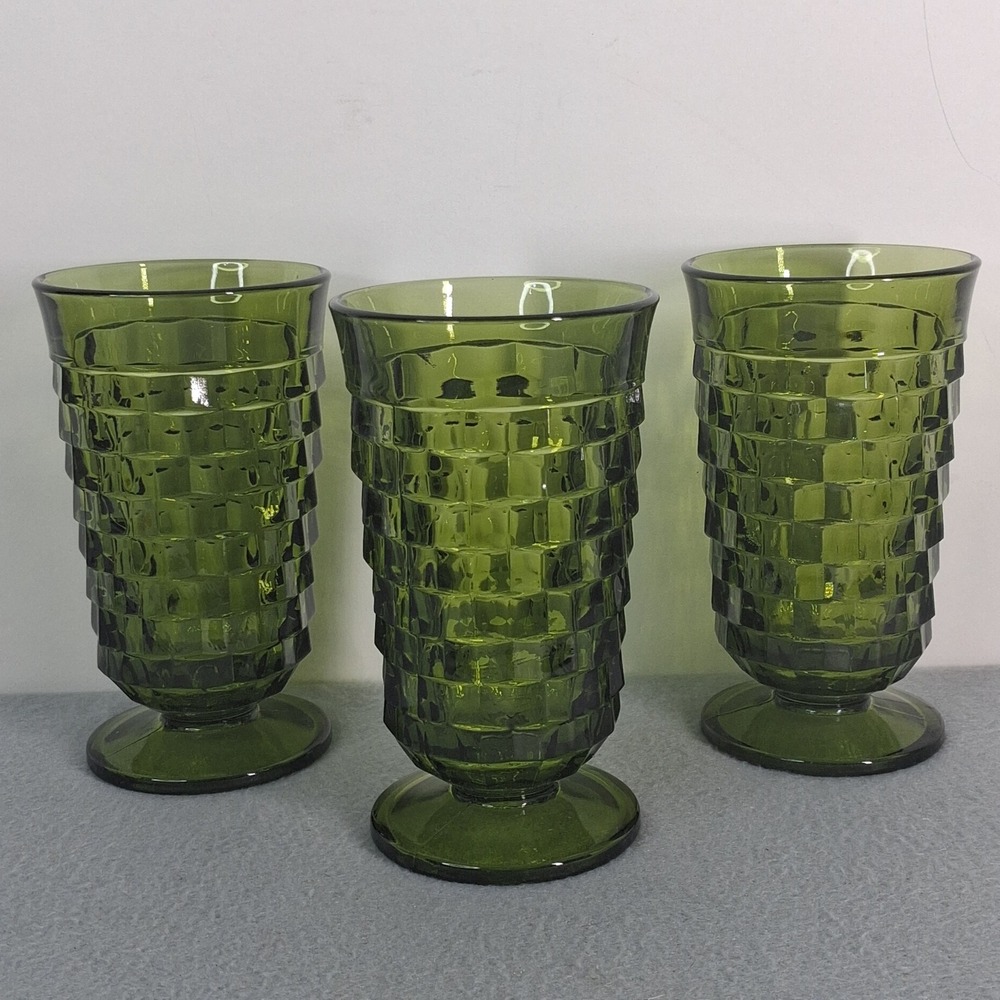 Set of 3 Colony Whitehall Olive Green Footed Iced Tea Glasses 6 Inch